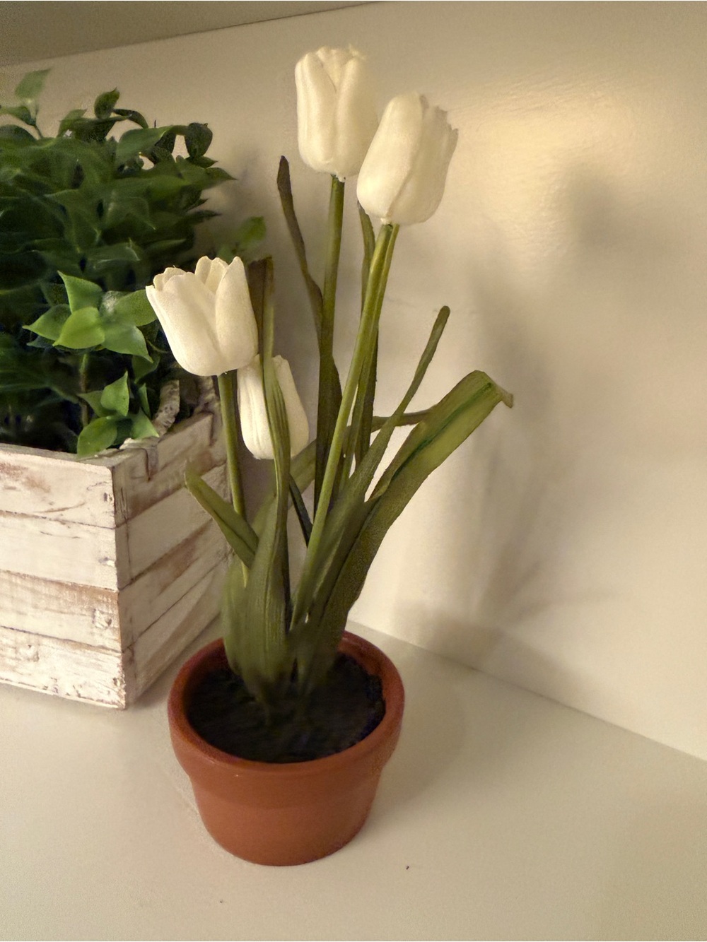 Pottery Barn Faux White Tulip Floral Arrangement Terracotta Pot Cottage Decor